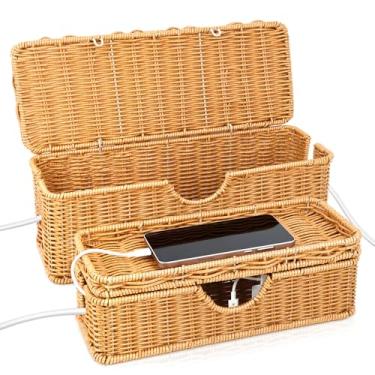 Imagem de GVKGVK Pacote com 2 caixas de gerenciamento de cabos, grandes caixas organizadoras de cabos de vime tecidos à mão, caixa oculta sob a mesa, organizador de cabos para tiras de energia e cabos de TV