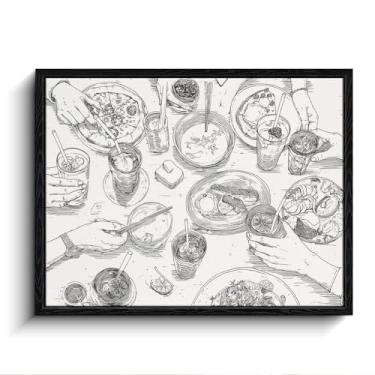 Imagem de Arte de parede de esboço de refeição compartilhada, mesa de jantar suspensa, decoração de parede de cozinha, impressão em tela emoldurada com acabamento fosco, arte de pôster de cozinha, para presente