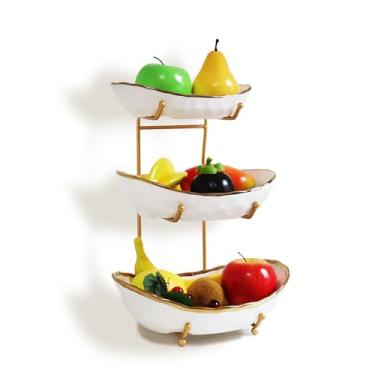 Imagem de NAXYOO Tigela de frutas de cerâmica de 3 camadas com suporte de metal para balcão de cozinha – Suporte de cesta de frutas dourado removível, rack de armazenamento em camadas para frutas, legumes