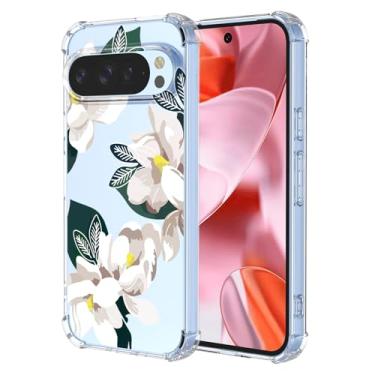 Imagem de WEIOUHR Capa para Pixel 9 Google 9Pro transparente macio TPU design de flor branca, à prova de choque, resistente a arranhões, capa protetora leve, para Google Pixel 9 (Magnólia)