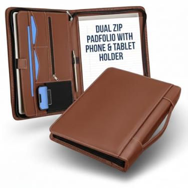 Imagem de STYLIO Pasta com zíper caramelo com alça de transporte | Organizador para documentos, iPad, tablet, caderno | Fichário de couro para negócios para homens e mulheres