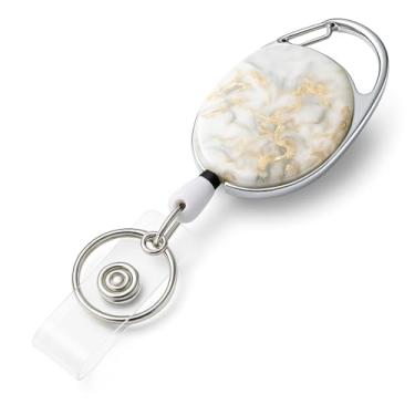 Imagem de Porta Crachá Retrátil com Design em Mármore Dourado e Branco, Clipe Metálico Cromado, Cordão Extensível para Identificação Profissional