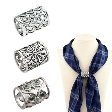 Imagem de ZGGAZCA 3 peças de clipes deslizantes de anel de cachecol para mulheres anéis de pescoço ocidentais e slides para cachecóis vintage tom prateado fivela de metal pingentes fechos
