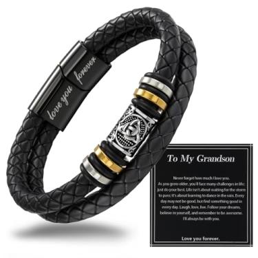 Imagem de Alissl Pulseira de couro premium para homens, fileira dupla trançada preta ajustável de aço inoxidável com fecho gravado "Love You Forever", vem com cartão de mensagem e caixa de presente, presente