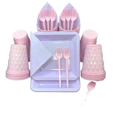 Imagem de Kit Festa Aniversario 180 Itens Candy Descartavel Diamante Premium C/Pratos Copos Garfinho Cor Pastel Azul Rosa Amarelo (Rosa Lilás Candy)