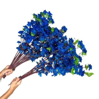Imagem de Kit 10 a 40 Hastes De Flores De Cerejeira Artificial 65cm Flor Pessegueiro Estilo Oriental Para Decoração- Ramos de Pessegueiro Oriental para Decoração de Vaso(Azul Escuro,kit 10 unidades)