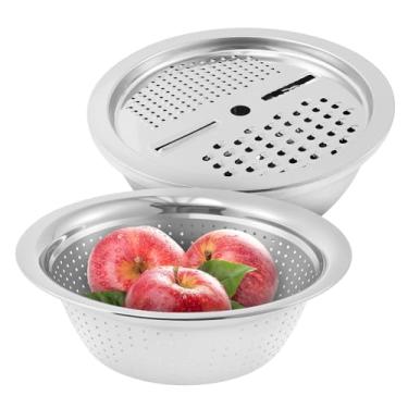 Imagem de Bacia multifuncional de aço inoxidável 3 em 1, cortador de legumes, ralador Julienne de cozinha, tigela para máquina de salada, máquina de lavar louça lavada, pode fatiar, moer e drenar vários