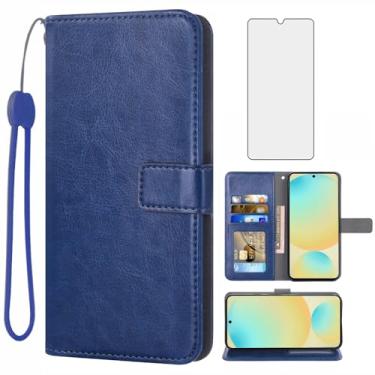 Imagem de Capa carteira compatível com Samsung Galaxy S24 FE 5G, protetor de tela de vidro temperado e capa flip de couro, suporte para cartão, acessórios de celular, capas para celular para S 24 EF S24FE 24S