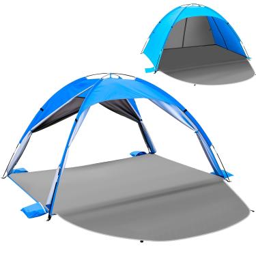 Imagem de Outterra Barraca de praia para 3 a 4 pessoas, barraca de praia FPS 50+ com design respirável de 4 portas, postes de fibra de vidro de 8,0 mm, toldo de sol portátil para acampamento e exterior – azul