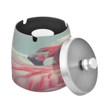Imagem de Blueangle Cinzeiro de flamingos rosa com tampa para cigarros, à prova de vento/chuva, aço inoxidável, sem fumaça, inodoro, cinzeiro para uso interno ou externo (439)