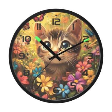 Imagem de SEHANY Relógio de parede de gato fofo, silencioso, sem tique-taque, operado por bateria, controle de som, luz noturna, relógios de parede para sala de estar, cozinha, quarto, escritório, decoração de