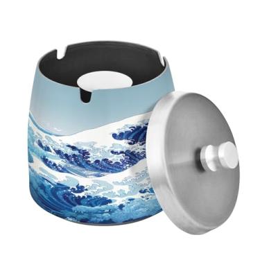 Imagem de Blueangle Cinzeiro Great Wave com tampa para cigarros, à prova de vento/chuva, aço inoxidável, sem fumaça, inodoro, cinzeiro para uso interno ou externo (109)
