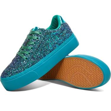 Imagem de Jeekopeg Tênis feminino com plataforma com glitter, casual, lantejoulas, brilhante, sola grossa, para caminhada, tênis de casamento com lantejoulas brilhantes para mulheres, Glitter verde, 37