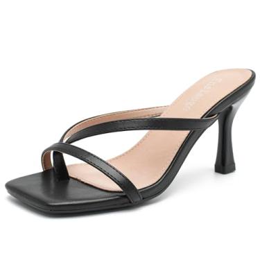 Imagem de Enelauge Sandálias femininas de salto baixo com tiras de salto baixo chinelos mules bico aberto na moda sandália de salto tanga sem cadarço casamento festa vestido sapatos, Preto fosco, 39