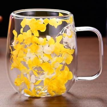 Imagem de Canecas de vidro com isolamento, copos de vidro de parede dupla | Copos de isolamento térmico de flores secas - Copos de café isolados em camadas duplas, canecas de chá de transparente com alça