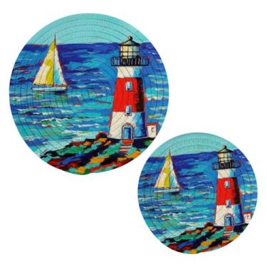 Imagem de Wassud Conjunto de trivet para farol e veleiro para pratos quentes, suportes redondos de panela, almofadas quentes de algodão, porta-copos resistentes ao calor para decoração de cozinha, bancada, 2