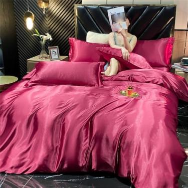 Imagem de XLCZMYL Jogo de cama de seda de rayon sólido com capa de edredom fronhas de luxo king casal solteiro cetim fronha, vinho, tamanho king 4 peças