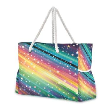 Imagem de Wassud Bolsa de praia colorida listrada com estrelas, grande, bolsa de praia para mulheres, impermeável, à prova de areia, bolsa de viagem com zíper e bolso para piscina, academia, acampamento