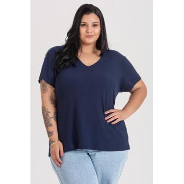 Imagem de Blusa Feminina Plus Size Malha Canelada Decote V - Serena, Marinho, G6