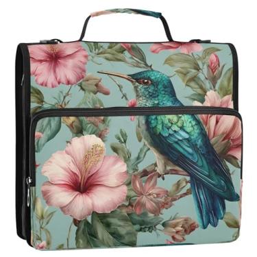 Imagem de CEBUGI Fichário de 3 anéis com zíper com alça de ombro, pasta de arquivo expansível de 3,8 cm, anéis D, para escola, escritório, flores e beija-flor