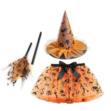 Imagem de SZRXKJ Conjunto de fantasia de bruxa de Halloween laranja e preto com saia de tule e chapéu de renda (laranja, M)