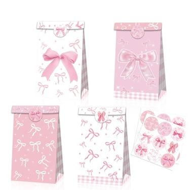 Imagem de 12 peças de sacos de papel de laço rosa, lindo laço rosa, presente de doces, saco de papel kraft plano com adesivos, sacos de lembrancinha de festa de aniversário estilo coquete para casamento