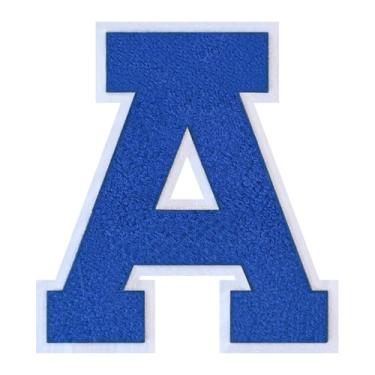 Imagem de 1 peça de patch de letra de chenille azul de 15 cm com borda branca – adesivos do alfabeto para roupas, jaquetas, mochilas, chapéus para decoração personalizada, nome personalizado e artesanato. (A)