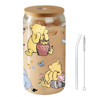 Imagem de Winnie Appreciation Gifts, The Pooh Birthday Gifts, Winnie Present, The Pooh Copo de vidro com tampa de bambu e canudo de vidro, 473 ml, presente de despedida para amigos, primos, melhores amigas