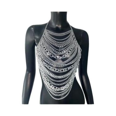 Imagem de Top Cropped Feminino Sexy Com Corrente De Metal E Franjas, Decote Halt