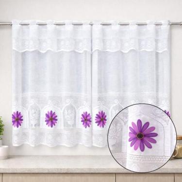 Imagem de Cortina de Renda Cozinha Sem Forro Liso para Varão 2m Janela com Bandô