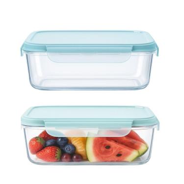 Imagem de Kit 2 Pote De Vidro Marmita Hermético Retangular Com Tampa Azul Vedação 640ml Em Casa Tem