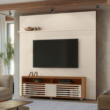 Imagem de Painel Tv 75 Pol 238cm Ripado Kalven Com Rack Bancada Nerion M20 - D'rossi Naturale(fosco)-off White(brilho)