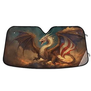 Imagem de Sombra solar dragão fogo bandeira americana para para-brisas de carro, para-sol dobrável, proteção UV bloqueador solar dobrável para carro, caminhão, SUV