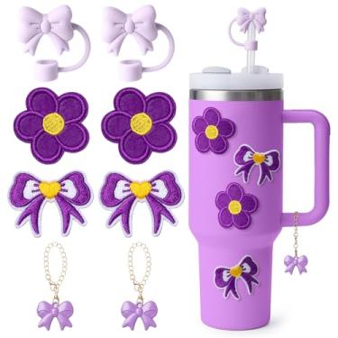 Imagem de linmaya 8 peças de acessórios para copos Stanley, acessórios Stanley | 2 peças de enfeite de canudo de laço de silicone, 2 pingentes de alça de laço, 2 peças de garrafas de água adesivos adesivos