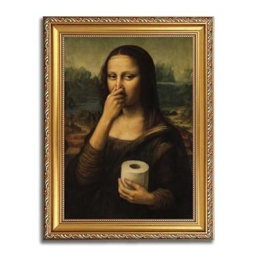 Imagem de Arte de parede em tela de banheiro eclética engraçada moldura dourada humor divertido beliscar nariz Mona Lisa retrato de estética clássica pintura de parede decoração de parede da Vinci arte impressa