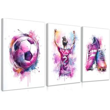 Imagem de 3 peças de arte de parede em tela de futebol de graffiti para meninas - para decoração de casa de quarto de meninas, decoração de casa, emoldurada, 30,5 x 40,6 cm