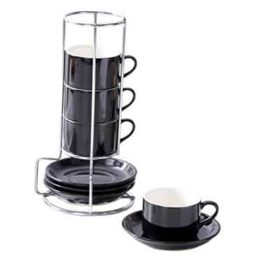 Imagem de FytStycale Conjunto de 4 xícaras de café de cerâmica com pires, empilháveis, com suporte, versáteis acessórios para decoração de casa, perfeitas para preparar, Preto