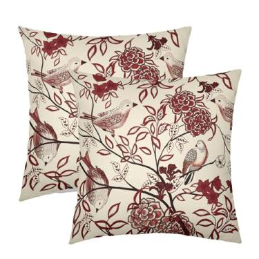 Imagem de Fronhas florais vermelhas bordô 45,7 x 45,7 cm chinoiserie vintage pássaro rosa flores decorativas galhos folhas conjunto de 2 almofadas sazonais casa de fazenda decoração de casa para sofá sofá ao ar