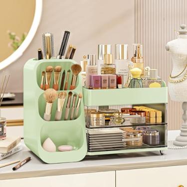 Imagem de KQJS Organizador de maquiagem com gavetas, organizador de bancada de grande capacidade para penteadeira, banheiro e quarto, organizador de cosméticos, fácil de armazenar cuidados com a pele, pincéis