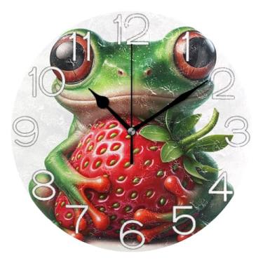 Imagem de GAIGEO Relógio de parede decorativo analógico operado por bateria relógio de cozinha fofo, decoração de parede de meados do século sala de estar sapo fofo abraçando morango, 25 cm, ponteiros dourados