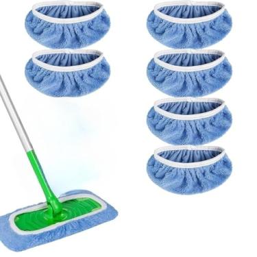 Imagem de Almofadas de esfregão de microfibra – Pacote com 6 refis laváveis reutilizáveis para limpeza de piso molhado e seco - Serve na maioria dos esfregões padrão - Almofadas de limpeza doméstica azul claro
