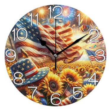 Imagem de GAIGEO Relógio de parede com bandeira americana, girassol, fogos de artifício, analógico, decorativo, relógio de cozinha, bonito e divertido, alimentado por bateria, decoração de parede vintage, sala
