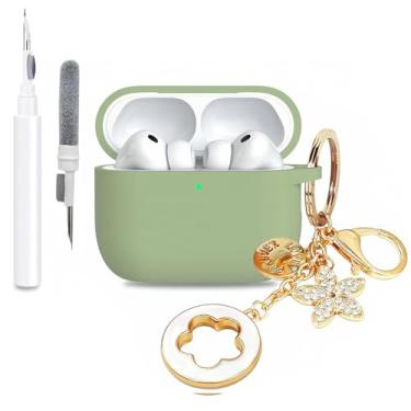 Imagem de PowerDriver Capa para AirPods Pro 3 2025, capa de silicone macio à prova de choque compatível com Apple AirPods Pro 3ª geração, com chaveiro brilhante e kit de limpeza (verde Matcha)