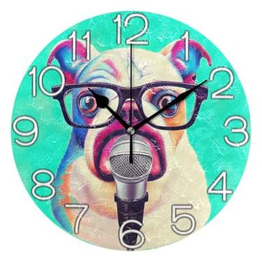Imagem de GAIGEO Relógio de parede decorativo analógico funky alimentado por bateria relógio de cozinha fofo, sala de estar decoração de parede moderna, buldogue engraçado, 25 cm, ponteiros pretos