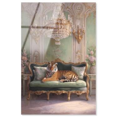 Imagem de Decoração de parede glamourosa com estampa acrílica clássica de tigre relaxante por Notoriart, pronto para pendurar, 40,6 x 61 cm