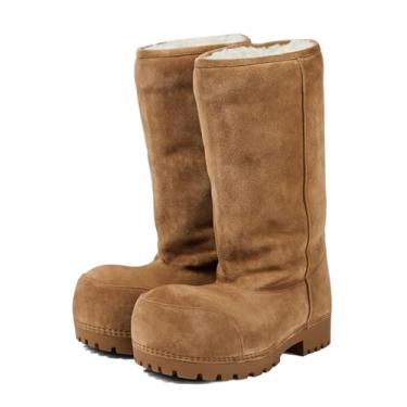 Imagem de Trelako Botas de neve com plataforma de camurça para mulheres clássicas de pele hippie botas de inverno botas de cano alto confortáveis sapatos grossos tendência, Marrom, 8.5