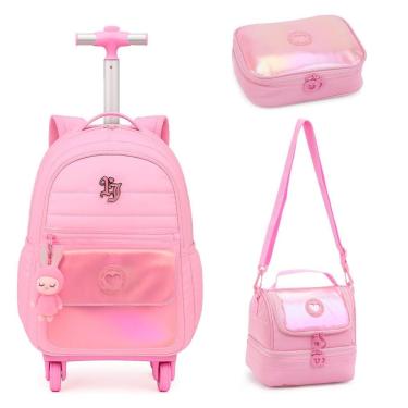 Imagem de Kit Mochila Rodas Lancheira Estojo Grande 4 Rodinhas Menina-Feminino