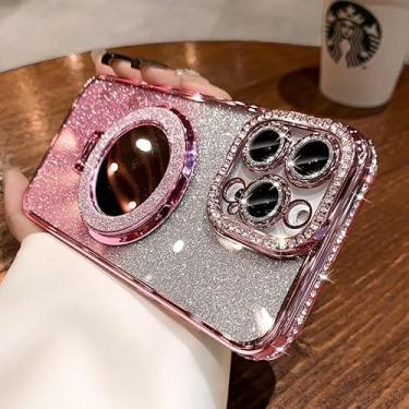 Imagem de Capa compatível com iPhone 15 Pro Max com suporte para mulheres, (capa transparente ou 2 em 1), suporte de anel brilhante fofo, protetor de câmera de strass, [compatível com Magsafe], rosa