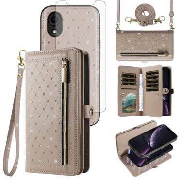 Imagem de Capa de telefone para iPhone XR 6.1 carteira com zíper destacável capa celular com protetor de tela transversal alça alça flip glitter crédito iPhoneXR iPhone10R i Phonex 10XR 10R RX CR iPhoneXRcases