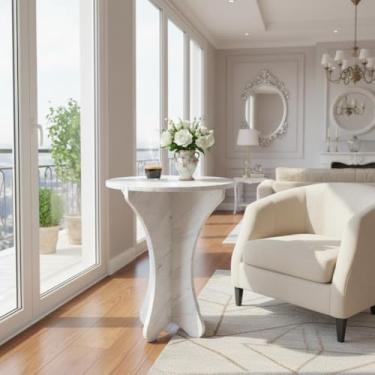 Imagem de Mesa de canto de mármore natural moderna em forma de X mesas de centro redondas para sala de estar, quarto, banheiro, ambientes internos e externos, mesa de centro lateral de pedra